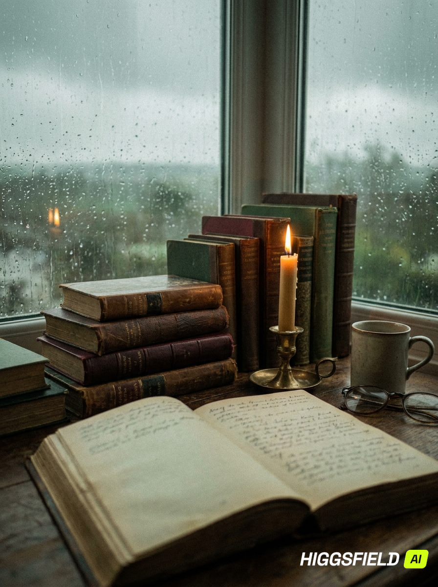 Stack of well-worn books beside a lit candle at a rain-streaked window